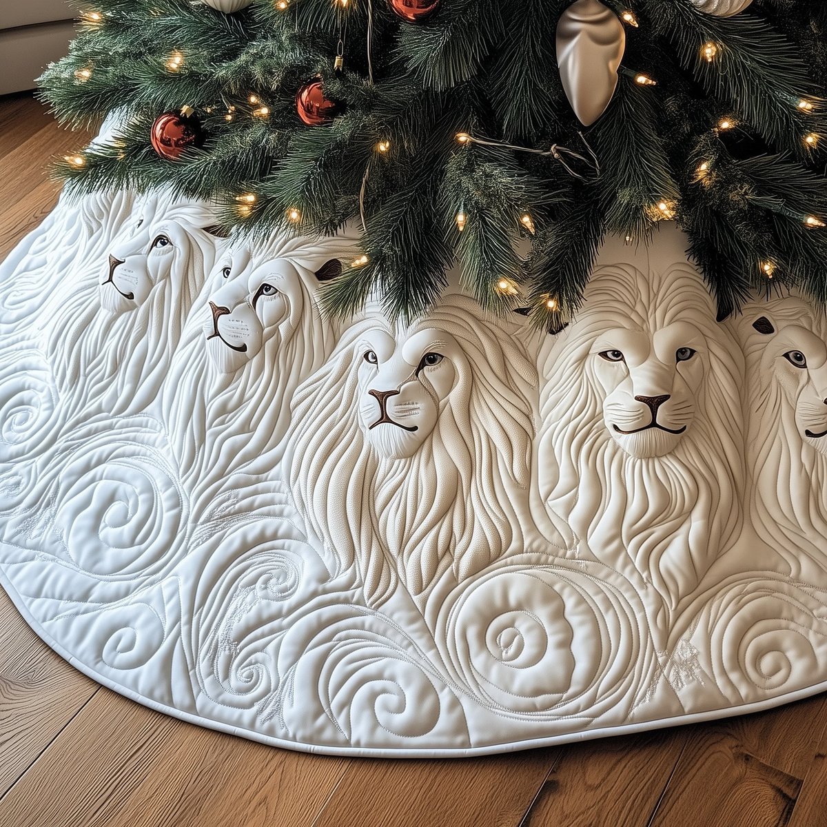 Regal White Lion Faces on Cream Christmas Tree Skirt - Made to Order TREEK101