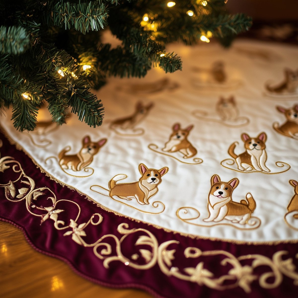 Corgis with Burgundy Gold Border Christmas Tree Skirt - Made to Order TREEK101