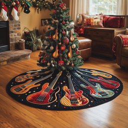Guitars on Black with Gold Accents Christmas Tree Skirt - Made to Order TREEK101
