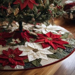 Red and White Poinsettia Blooms Christmas Tree Skirt - Made to Order TREEK101