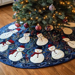 Snowmen in Red Hats on Navy Christmas Tree Skirt - Made to Order TREEK101