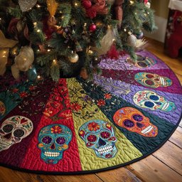 Sugar Skulls on Bright Color Panels Christmas Tree Skirt - Made to Order TREEK101