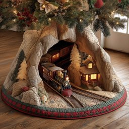 Train Passing a Snowy Cabin Christmas Tree Skirt - Made to Order TREEK101