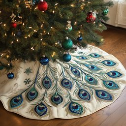 Peacock Tail Spread on White Christmas Tree Skirt - Made to Order TREEK101