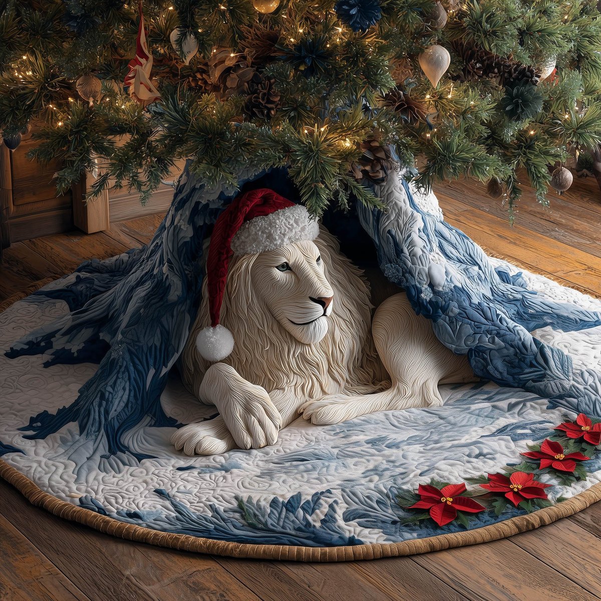 White Lion in a Santa Hat Christmas Tree Skirt - Made to Order TREEK101