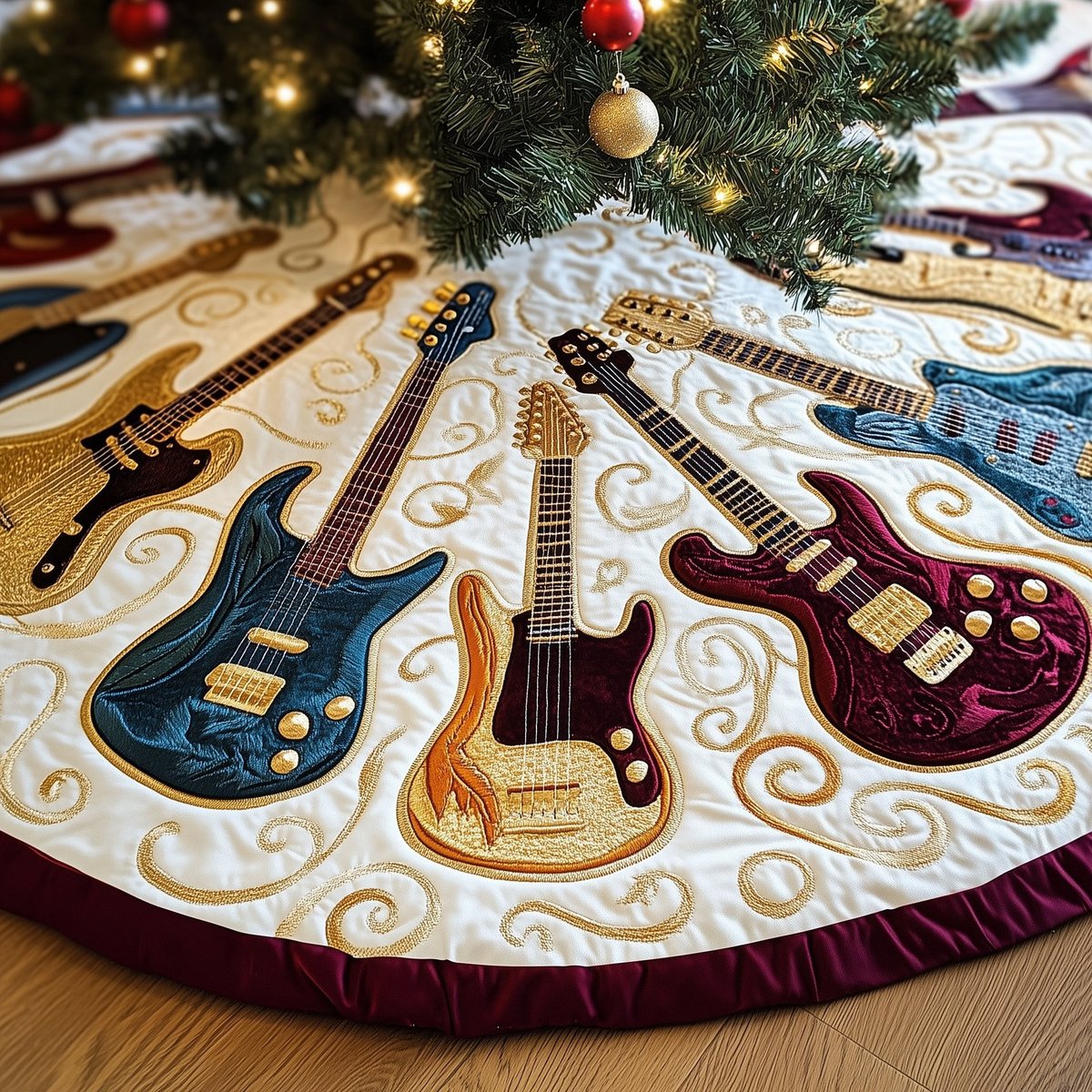 Guitars on Cream with Gold Swirls Christmas Tree Skirt - Made to Order TREEK101