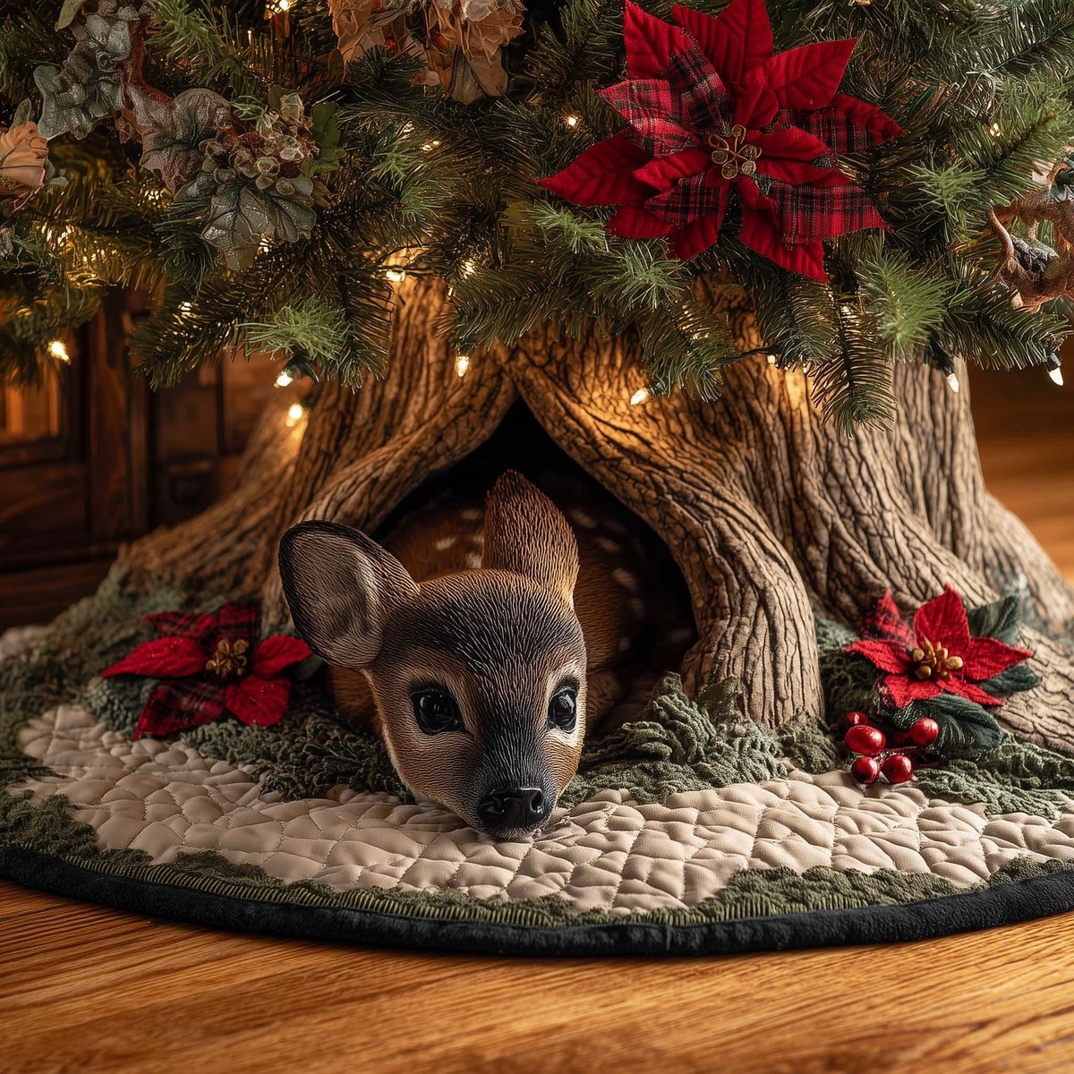 Fawn Resting with Red Poinsettias Christmas Tree Skirt - Made to Order TREEK101