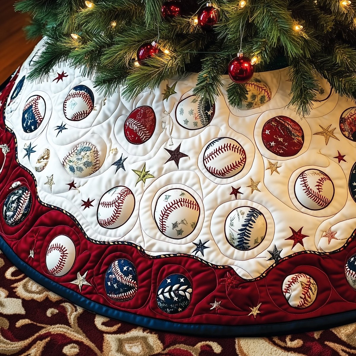 Baseballs on Cream and Red Stars Christmas Tree Skirt - Made to Order TREEK101