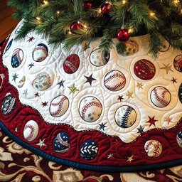 Baseballs on Cream and Red Stars Christmas Tree Skirt - Made to Order TREEK101