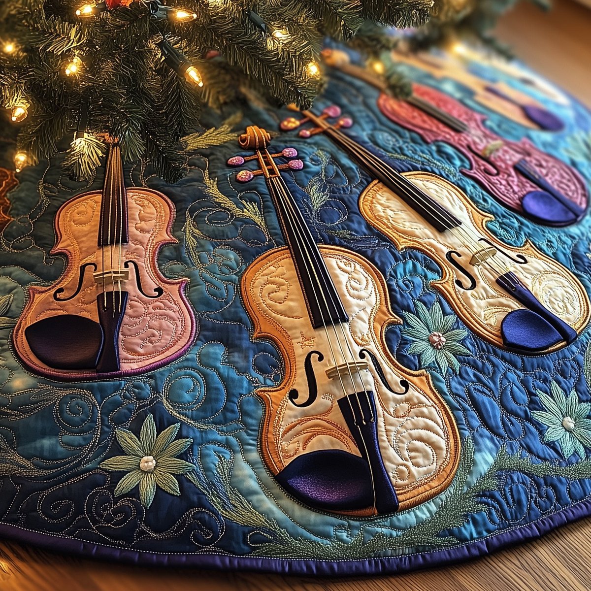 Golden Violins on Blue with Daisies Christmas Tree Skirt - Made to Order TREEK101