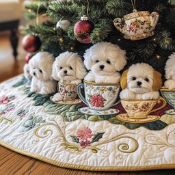 Bichon Puppies in Floral Teacups Christmas Tree Skirt - Made to Order TREEK101