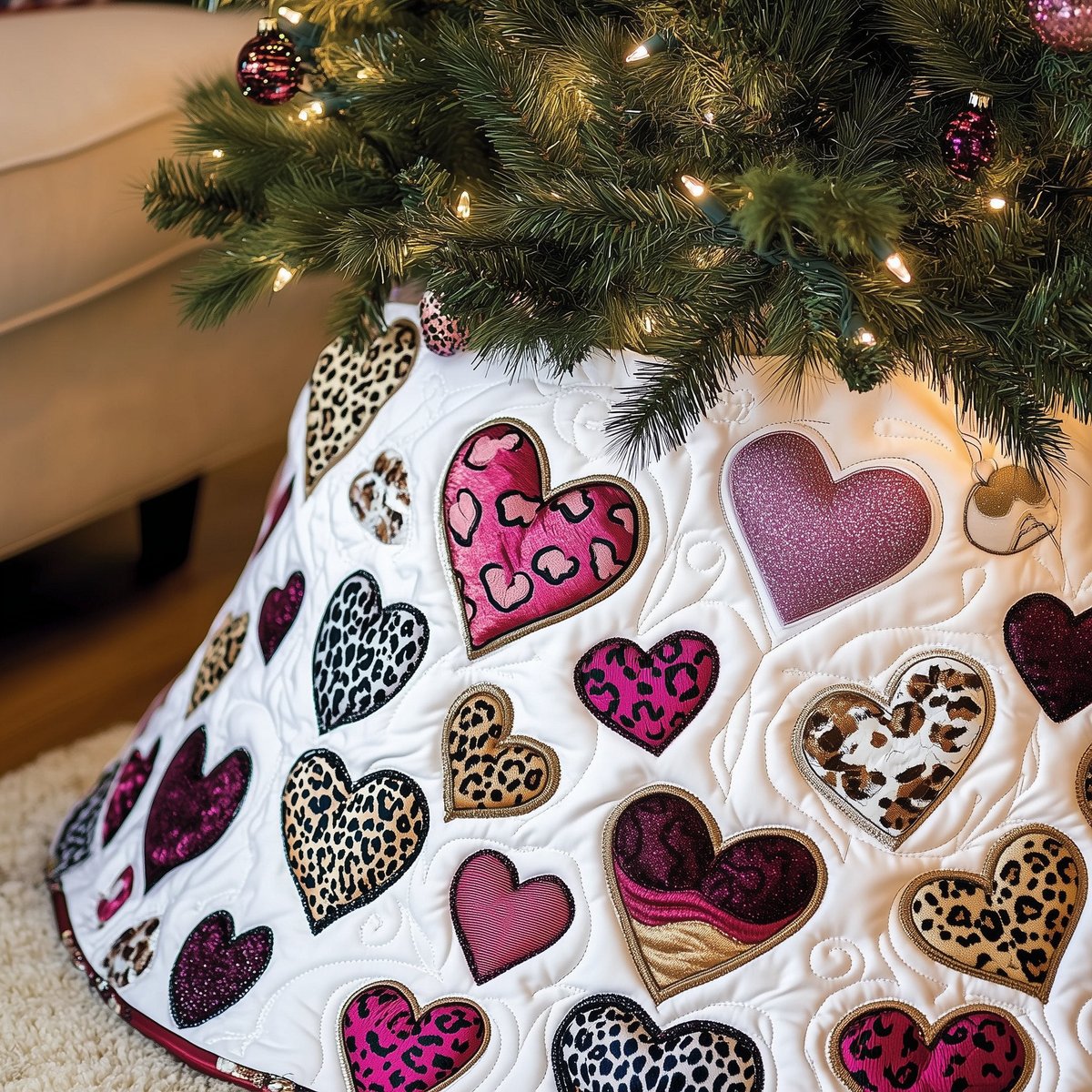 Magenta and Leopard Hearts on White Christmas Tree Skirt - Made to Order TREEK101
