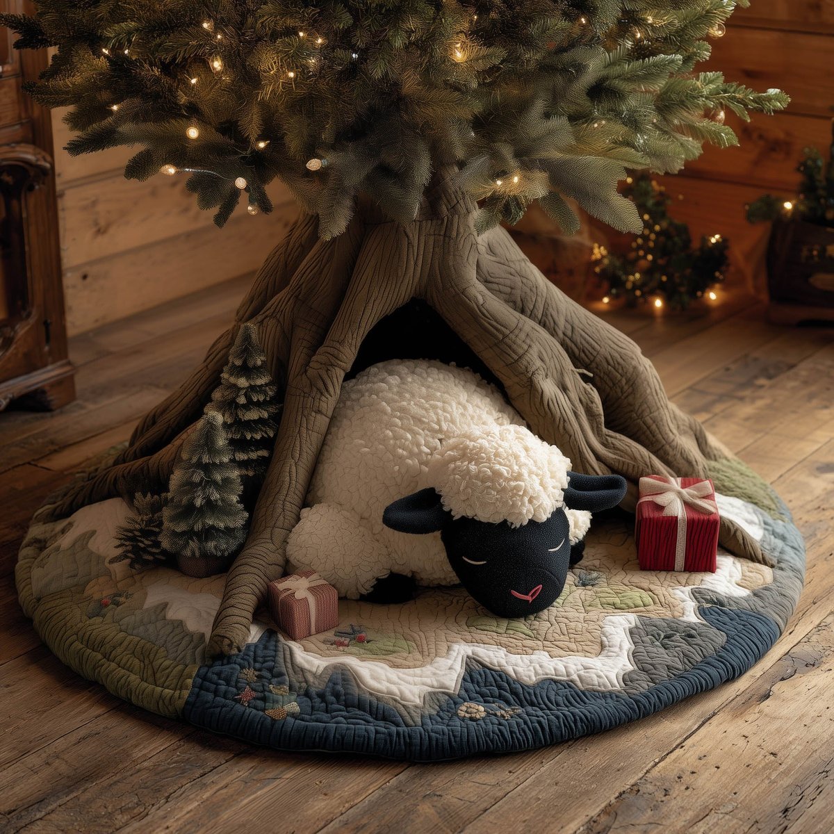 Sheep and Black Lamb in the Den Christmas Tree Skirt - Made to Order TREEK101