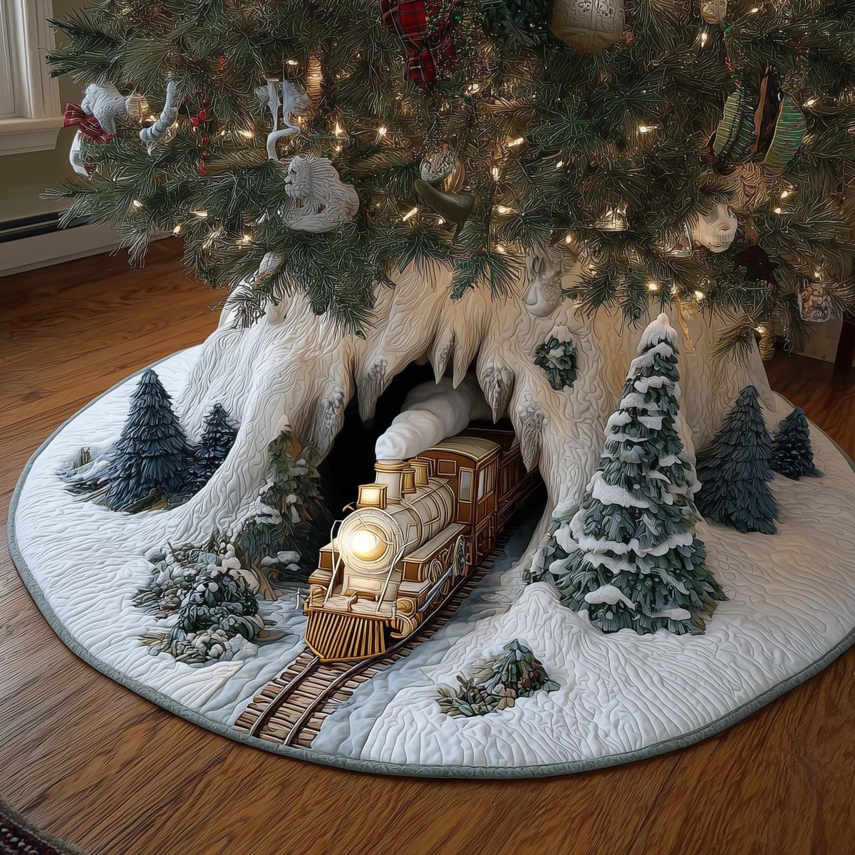 Train Leaving the Snowy Tunnel Christmas Tree Skirt - Made to Order TREEK101