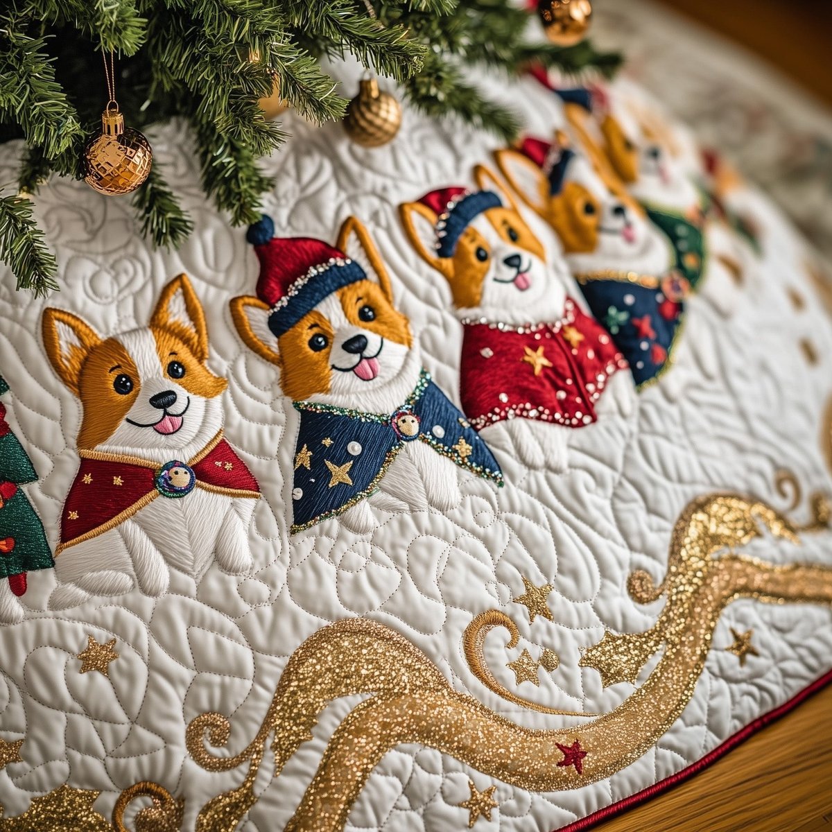 Corgis in Patterned Scarves Cream Christmas Tree Skirt - Made to Order TREEK101
