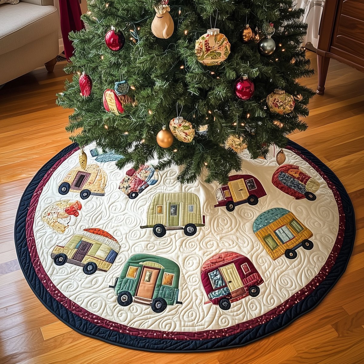 Retro Campers on Cream Quilting Christmas Tree Skirt - Made to Order TREEK101