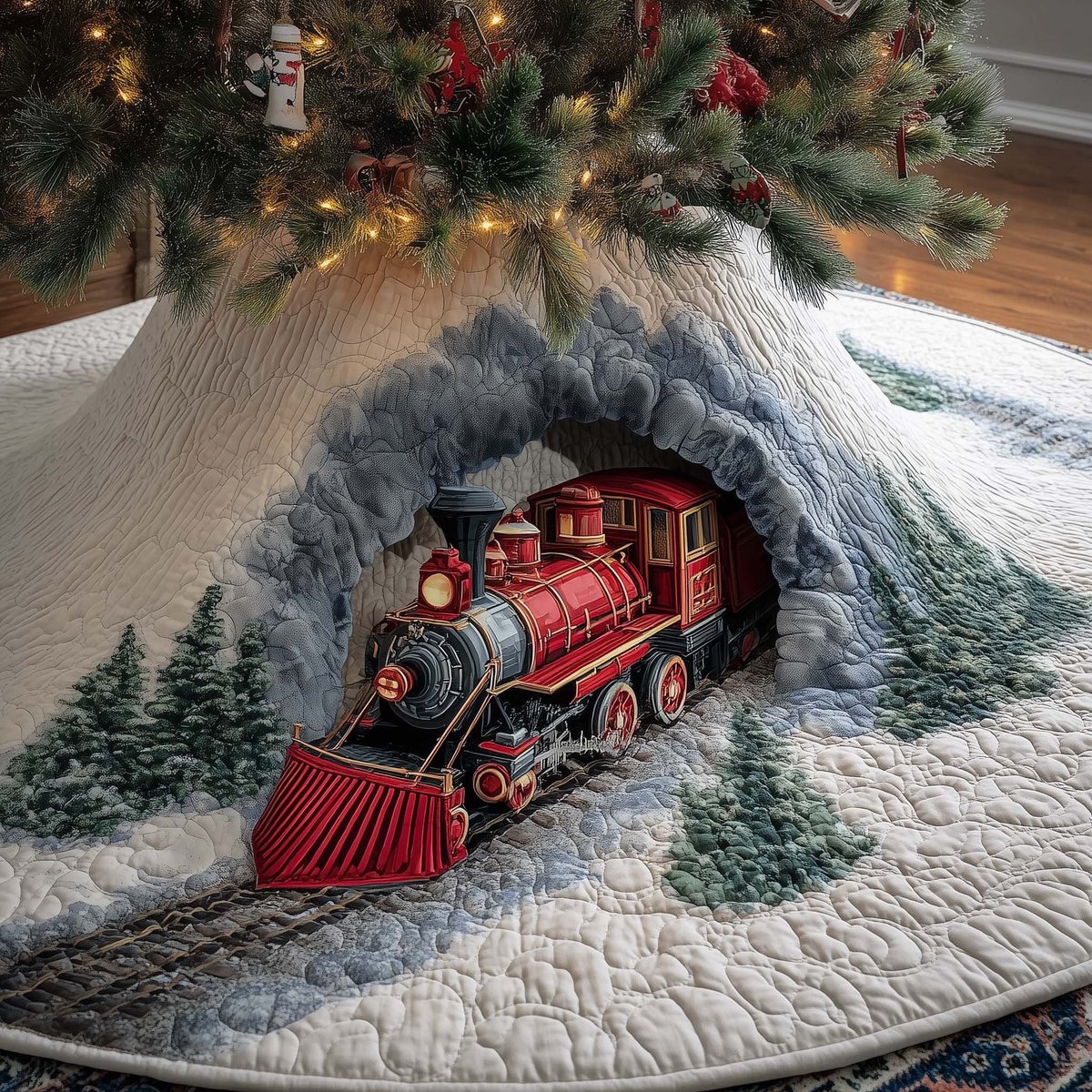 Red Train in the Snow Tunnel Christmas Tree Skirt - Made to Order TREEK101