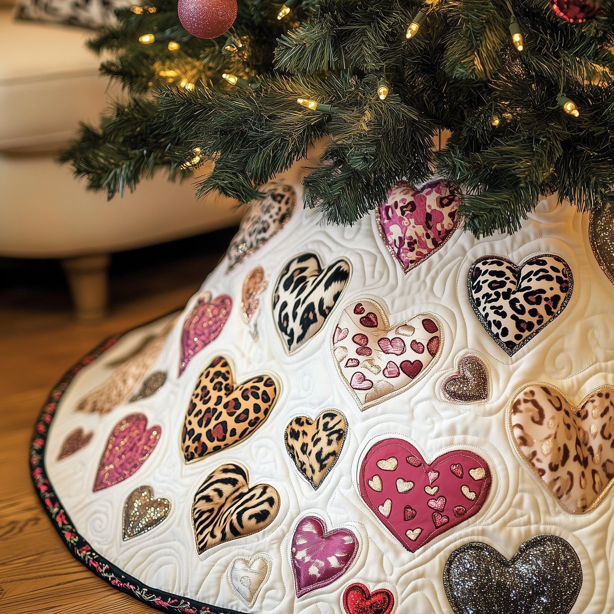 Pink and Leopard Hearts with Sweet Prints Christmas Tree Skirt - Made to Order TREEK101