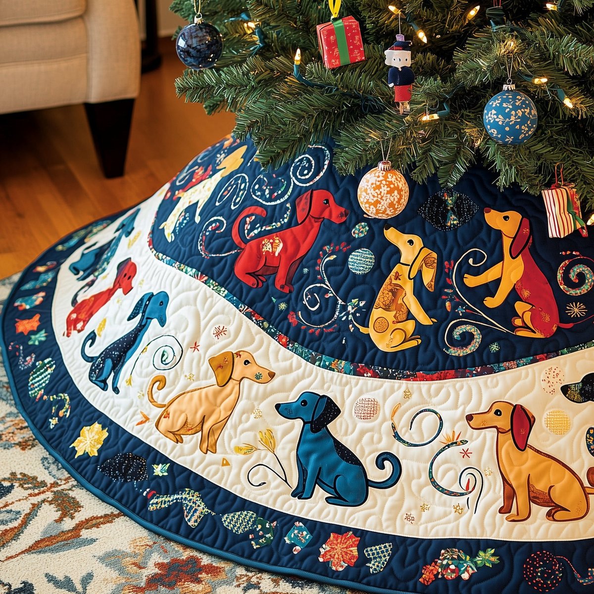 Bright Dogs on Navy and White Swirls Christmas Tree Skirt - Made to Order TREEK101