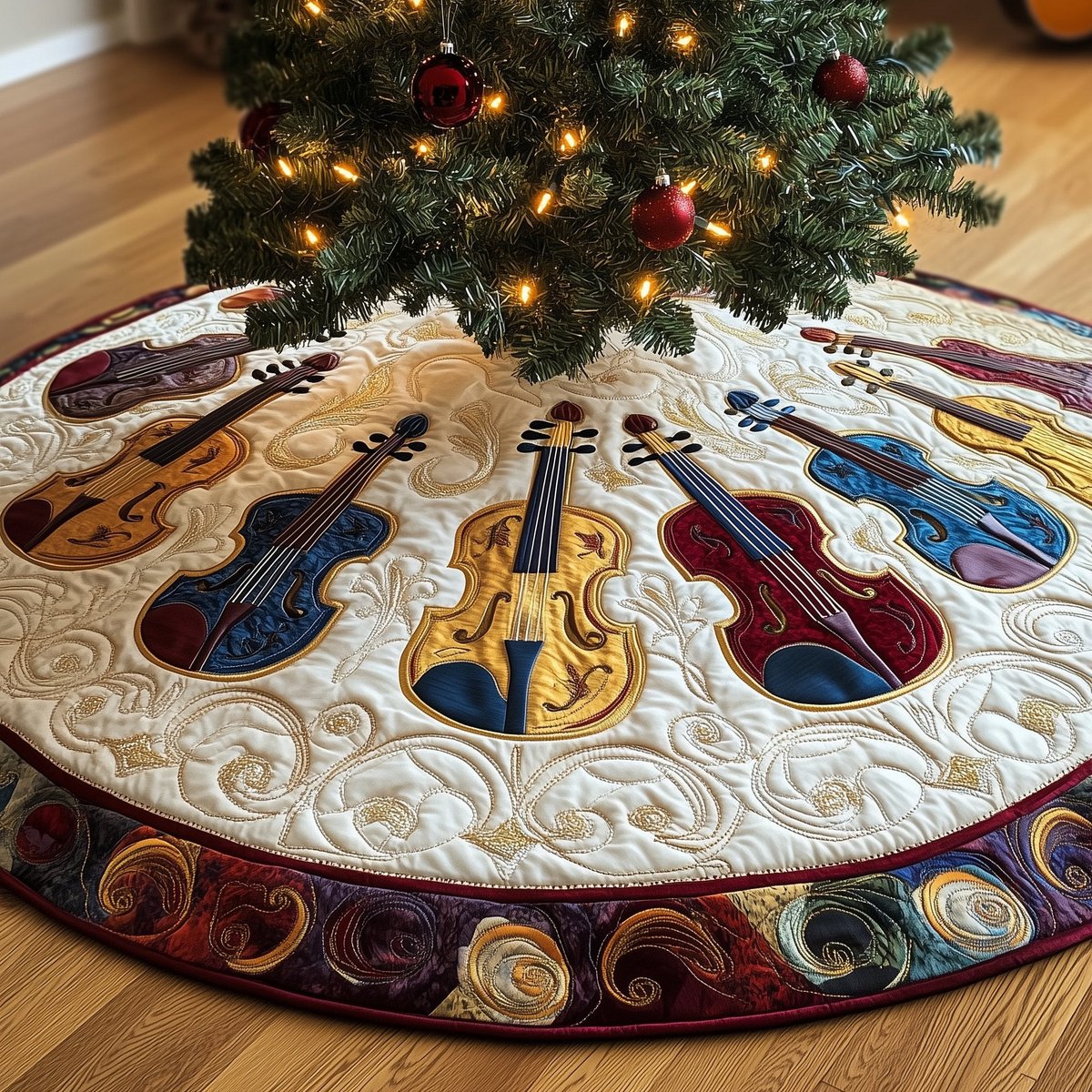 Violins with the Ruby Red Border Christmas Tree Skirt - Made to Order TREEK101