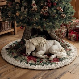White Horse on Cream with Holly Christmas Tree Skirt - Made to Order TREEK101