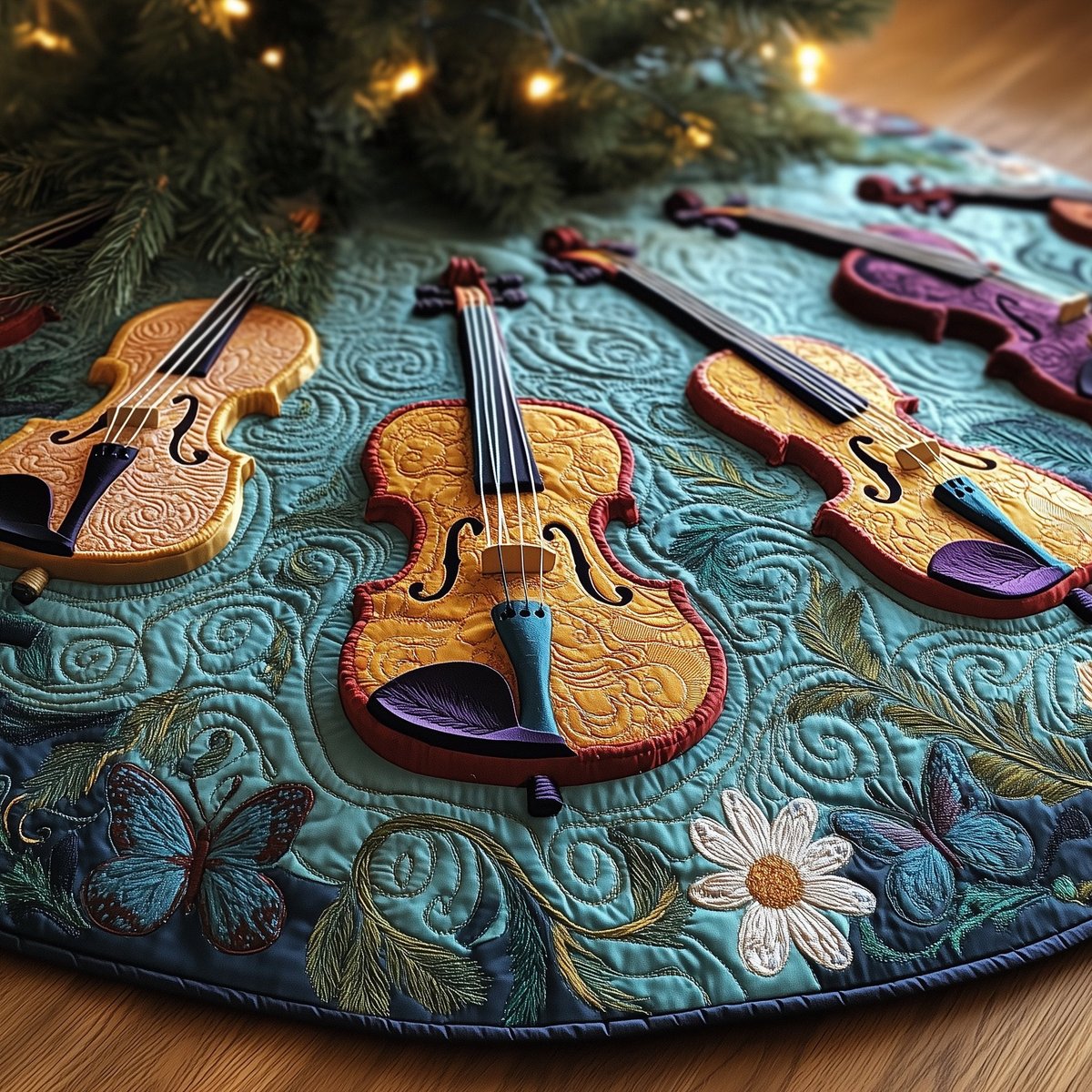 Violins on Teal with White Daisies Christmas Tree Skirt - Made to Order TREEK101