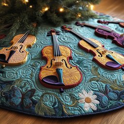 Violins on Teal with White Daisies Christmas Tree Skirt - Made to Order TREEK101