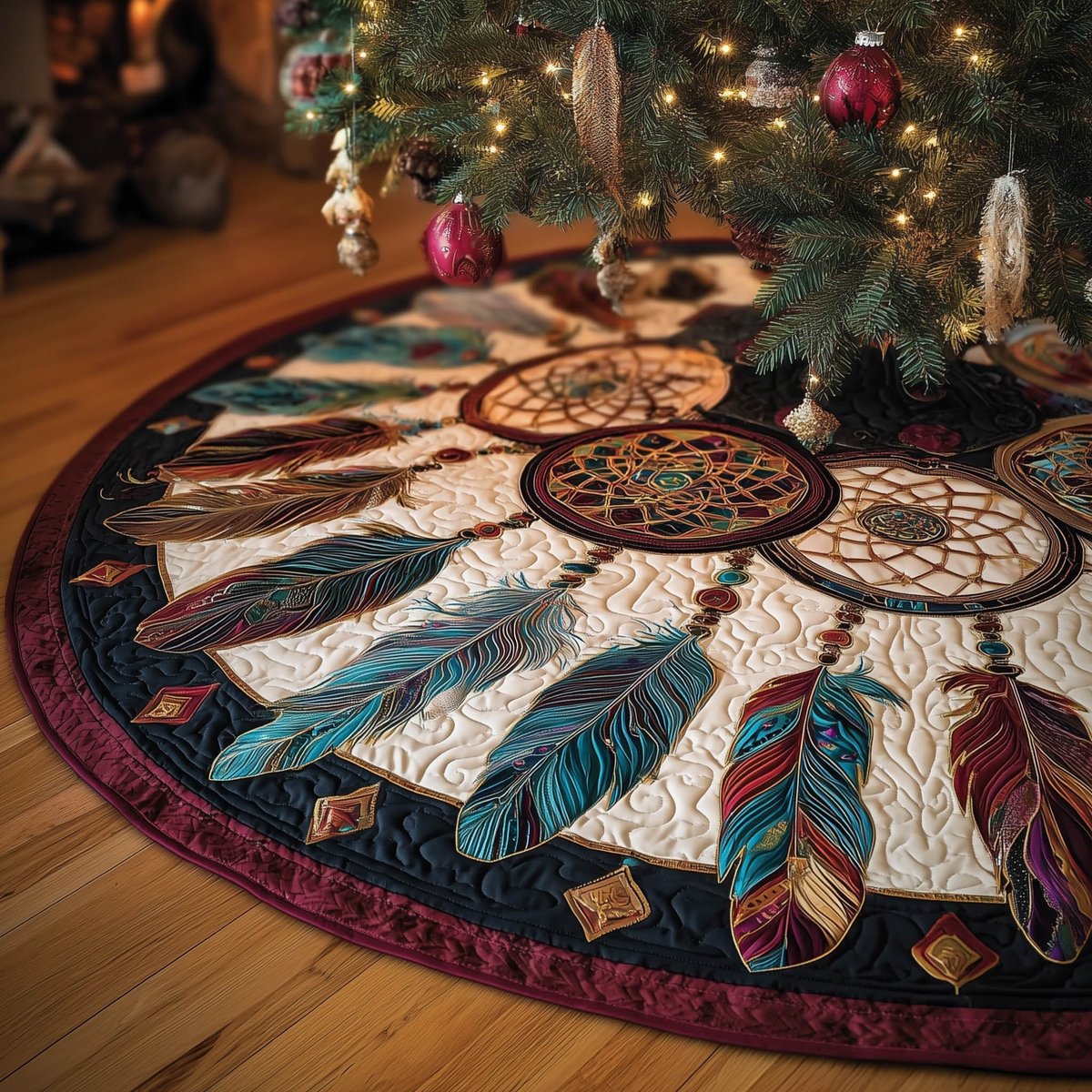 Dreamcatcher with Teal and Red Feathers Christmas Tree Skirt - Made to Order TREEK101