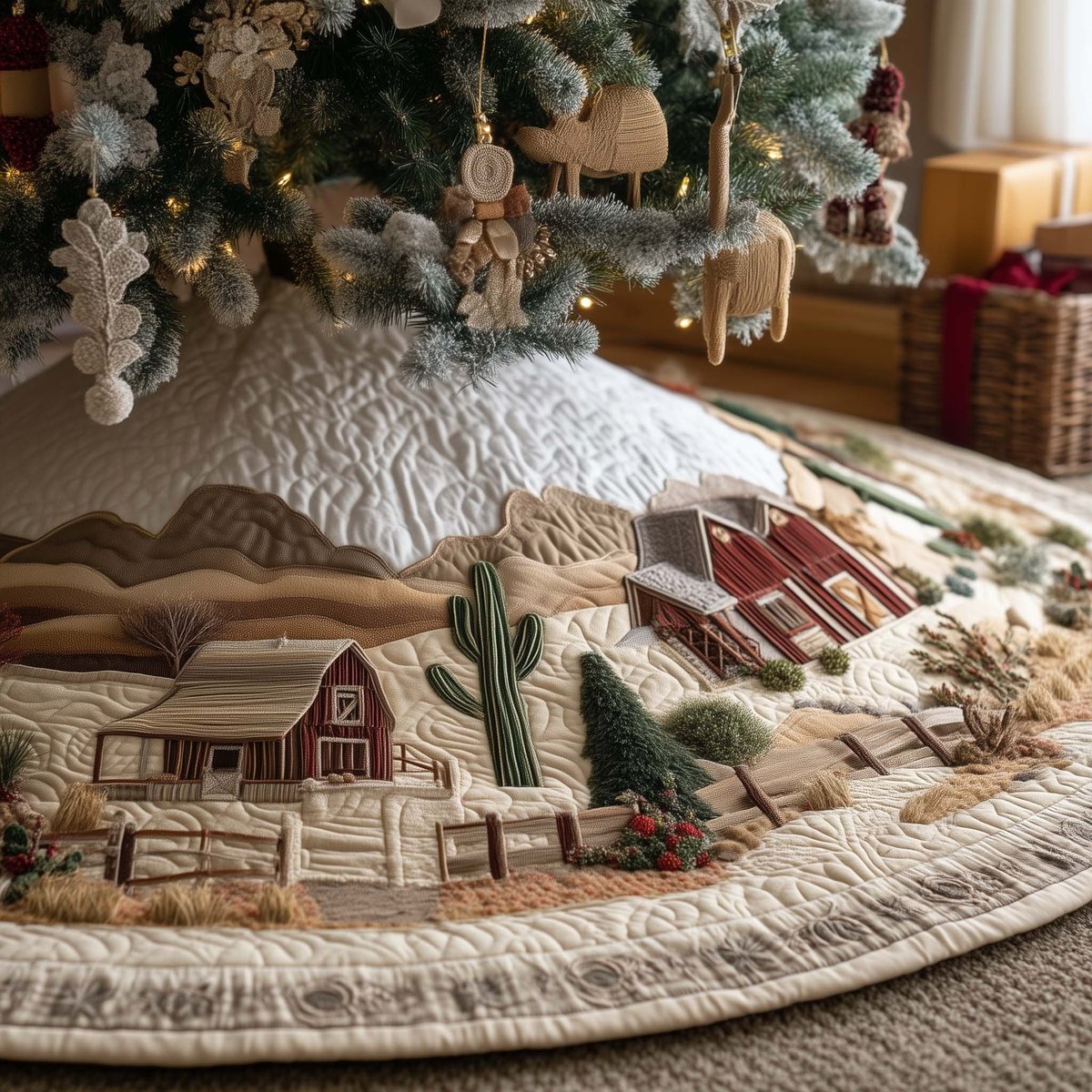 Desert Barn with Cactus in Cream Christmas Tree Skirt - Made to Order TREEK101