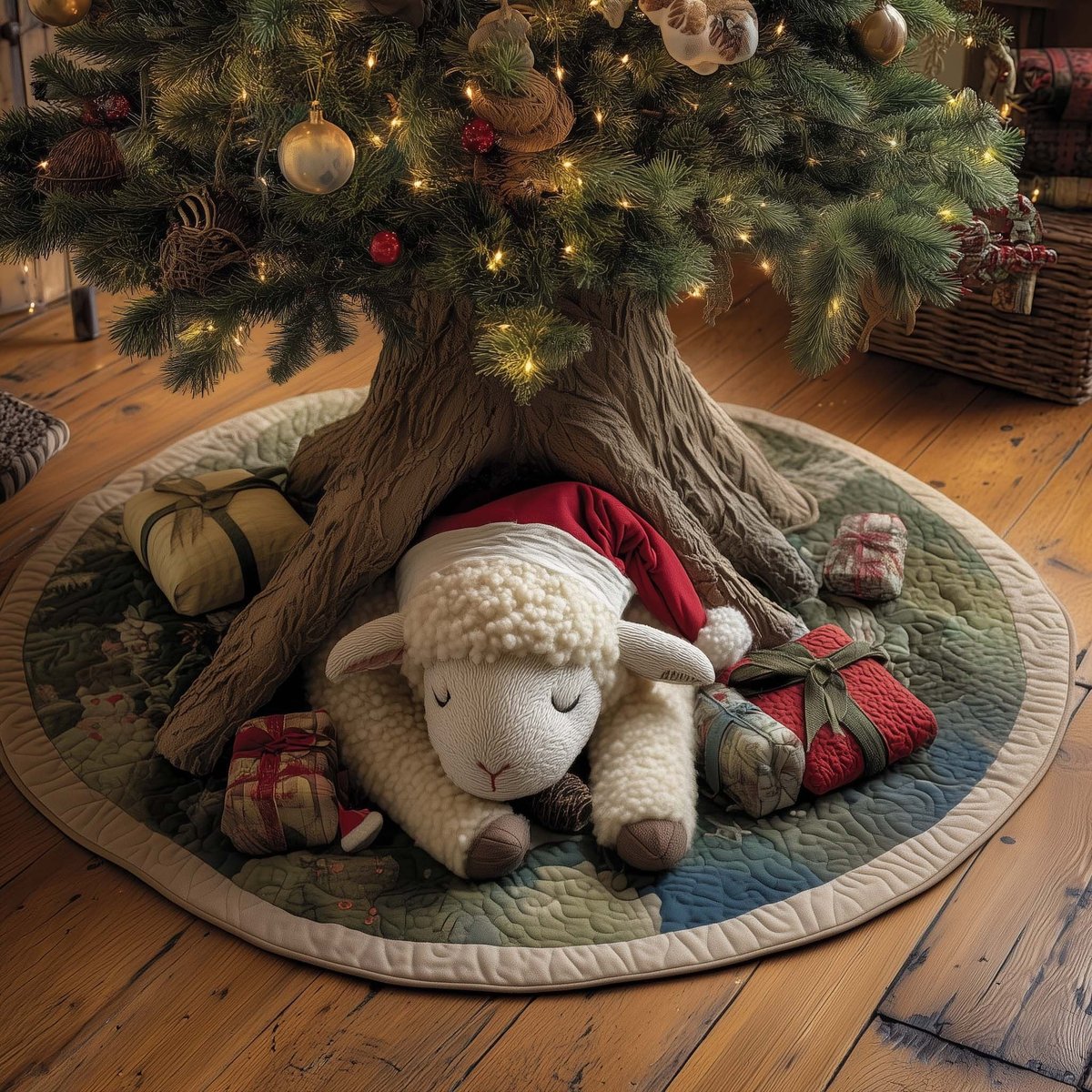 Lamb in Santa Hat with Gifts Christmas Tree Skirt - Made to Order TREEK101