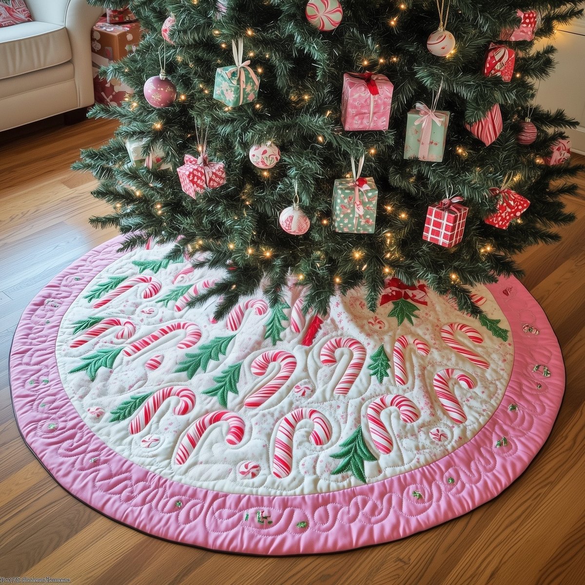 Pink Candy Canes on Pink Border Christmas Tree Skirt - Made to Order TREEK101