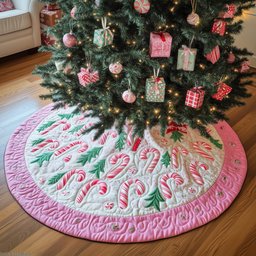 Pink Candy Canes on Pink Border Christmas Tree Skirt - Made to Order TREEK101