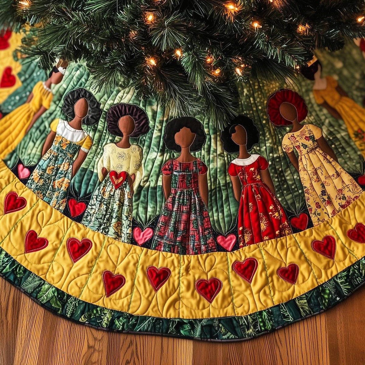 Women in Red and Green Dresses Christmas Tree Skirt - Made to Order TREEK101