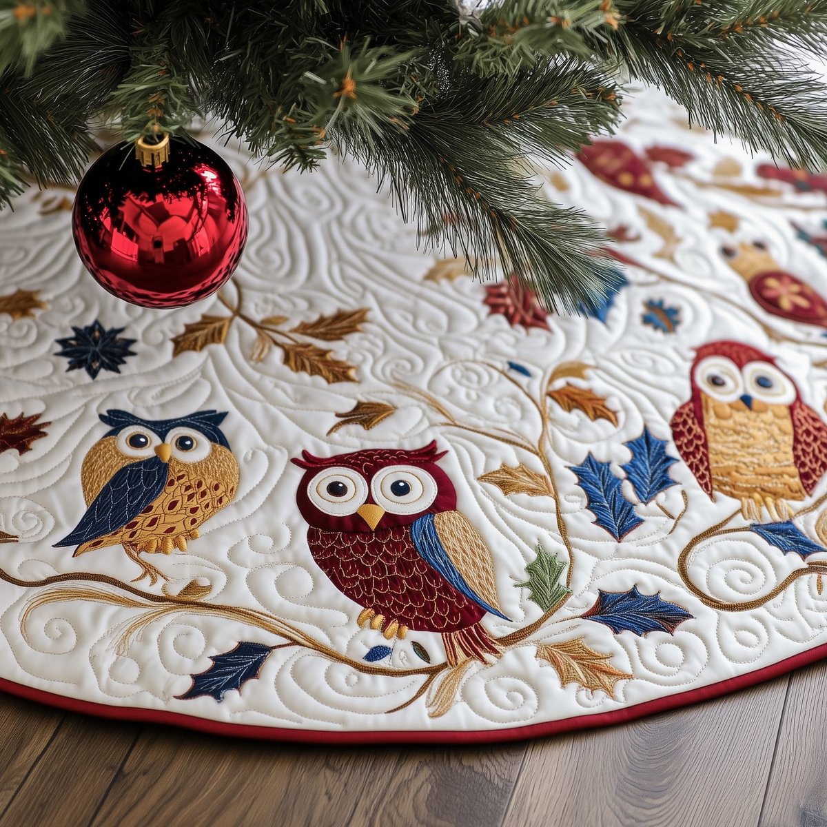 Two Owls on the Golden Branch Christmas Tree Skirt - Made to Order TREEK101