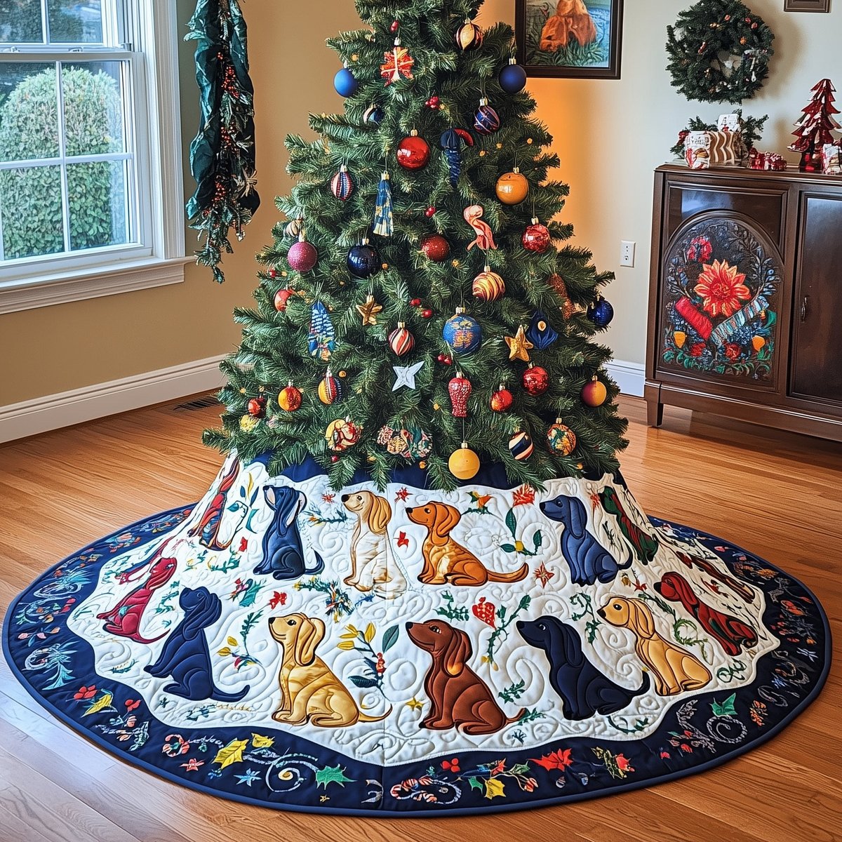 Patterned Dogs with Navy Border Christmas Tree Skirt - Made to Order TREEK101