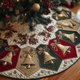 Bells with Bows on Cream Hexagons Christmas Tree Skirt - Made to Order TREEK101