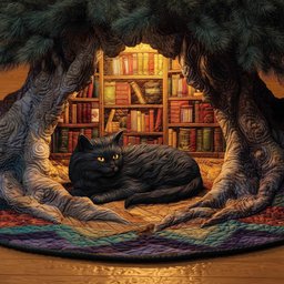 Black Cat in the Cozy Library Christmas Tree Skirt - Made to Order TREEK101