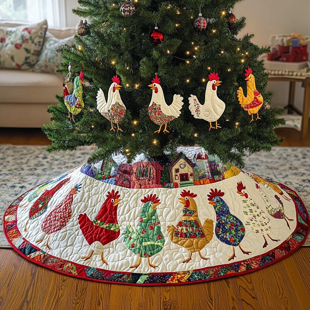 Roosters and Hens by the Barn Christmas Tree Skirt - Made to Order TREEK101