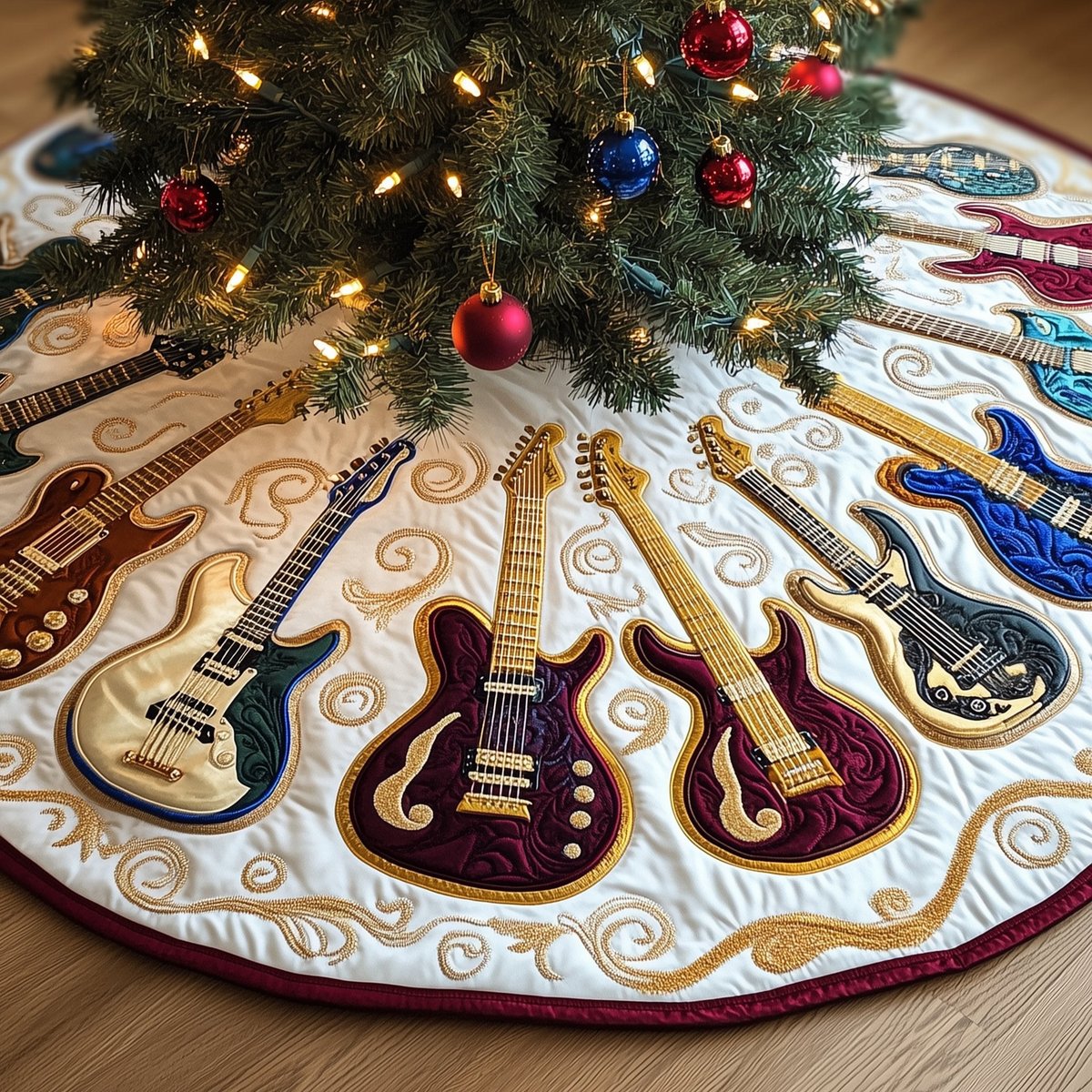 Golden Necked Guitars on Cream Christmas Tree Skirt - Made to Order TREEK101