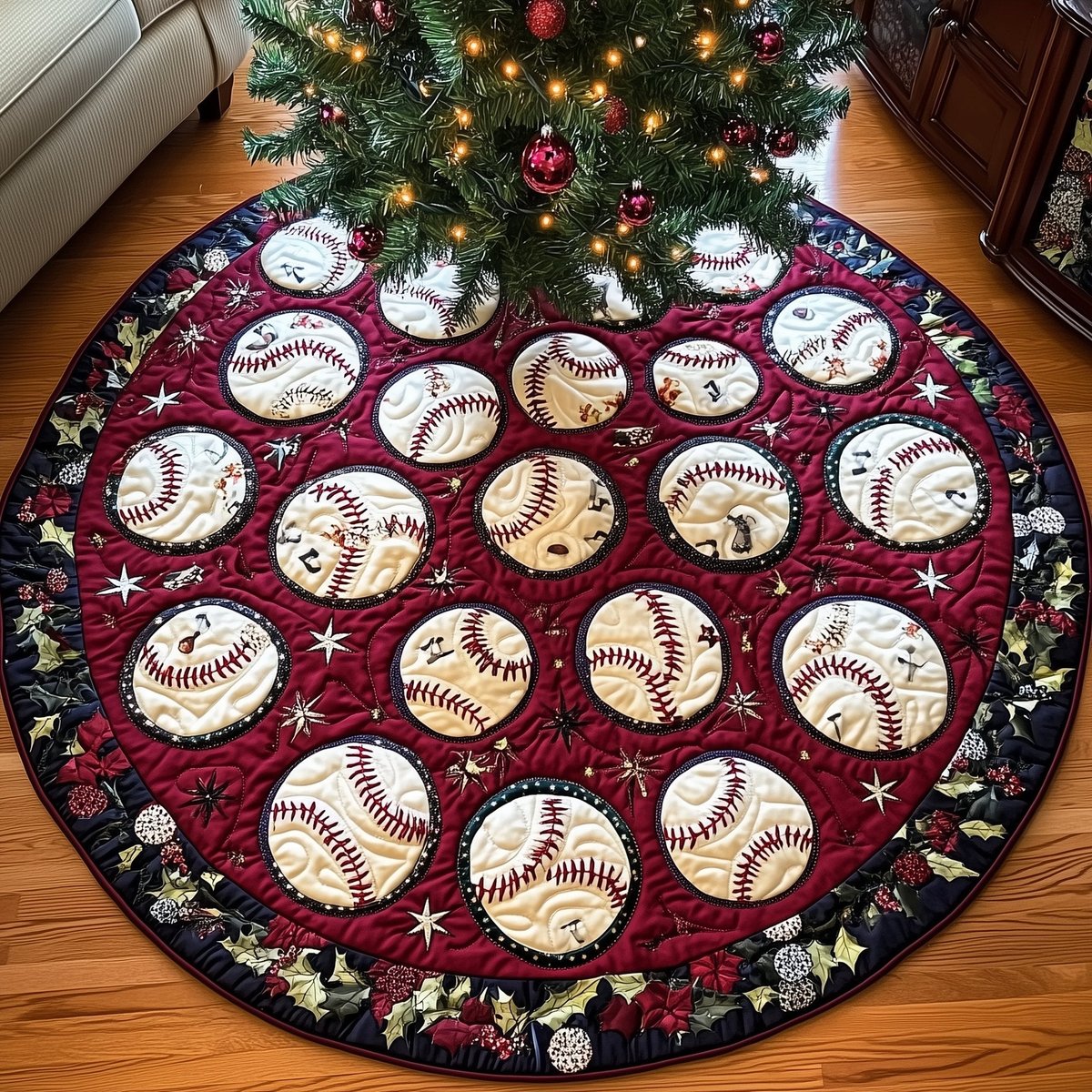 Baseballs Scattered on Burgundy Christmas Tree Skirt - Made to Order TREEK101