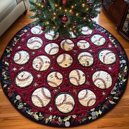 Baseballs Scattered on Burgundy Christmas Tree Skirt - Made to Order TREEK101
