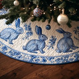 Blue Toile Rabbits on Ivory Christmas Tree Skirt - Made to Order TREEK101