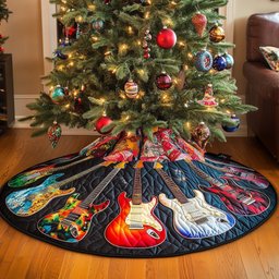 Orange and Red Guitars on Navy Christmas Tree Skirt - Made to Order TREEK101