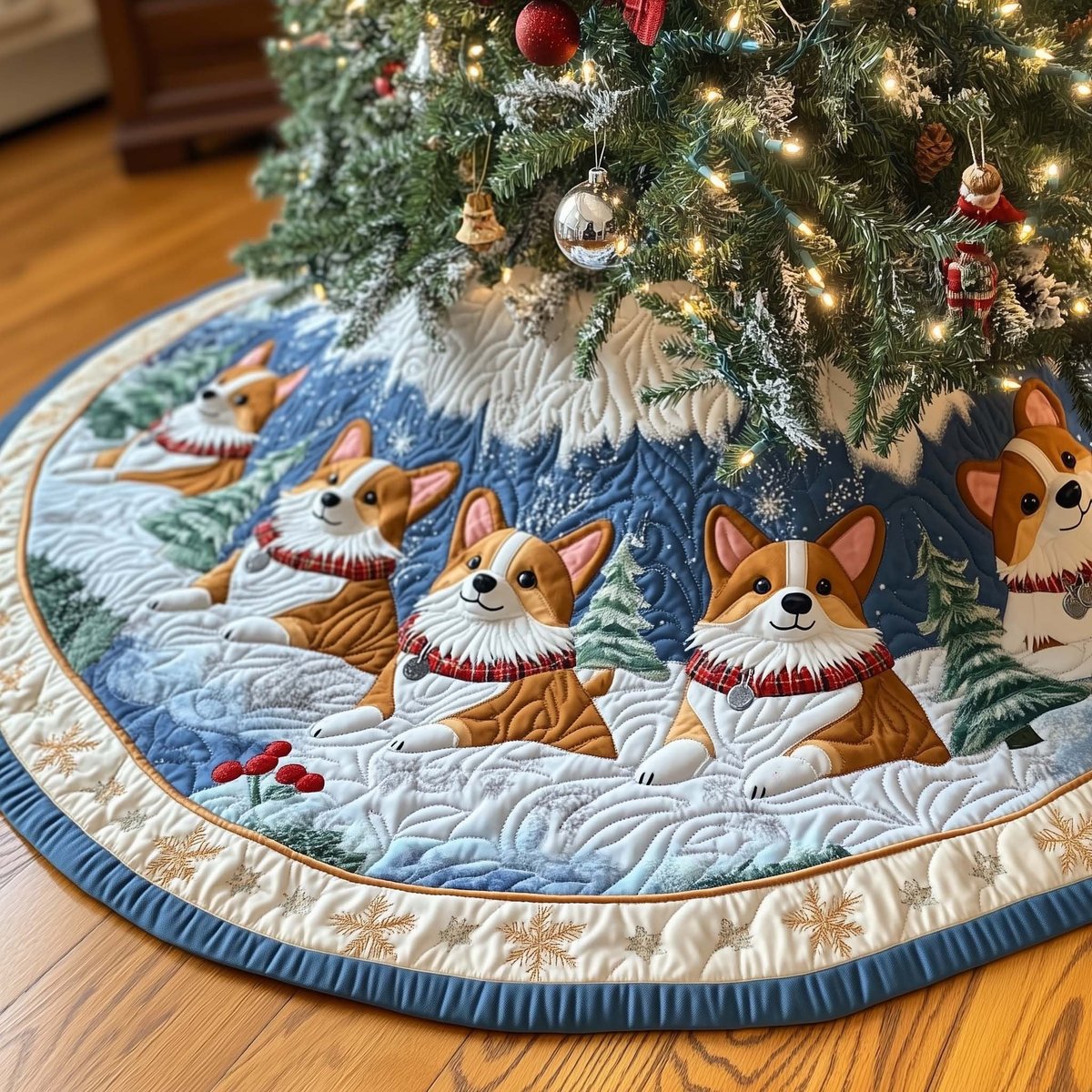 Corgis in Red Scarves on Snowy Blue Christmas Tree Skirt - Made to Order TREEK101