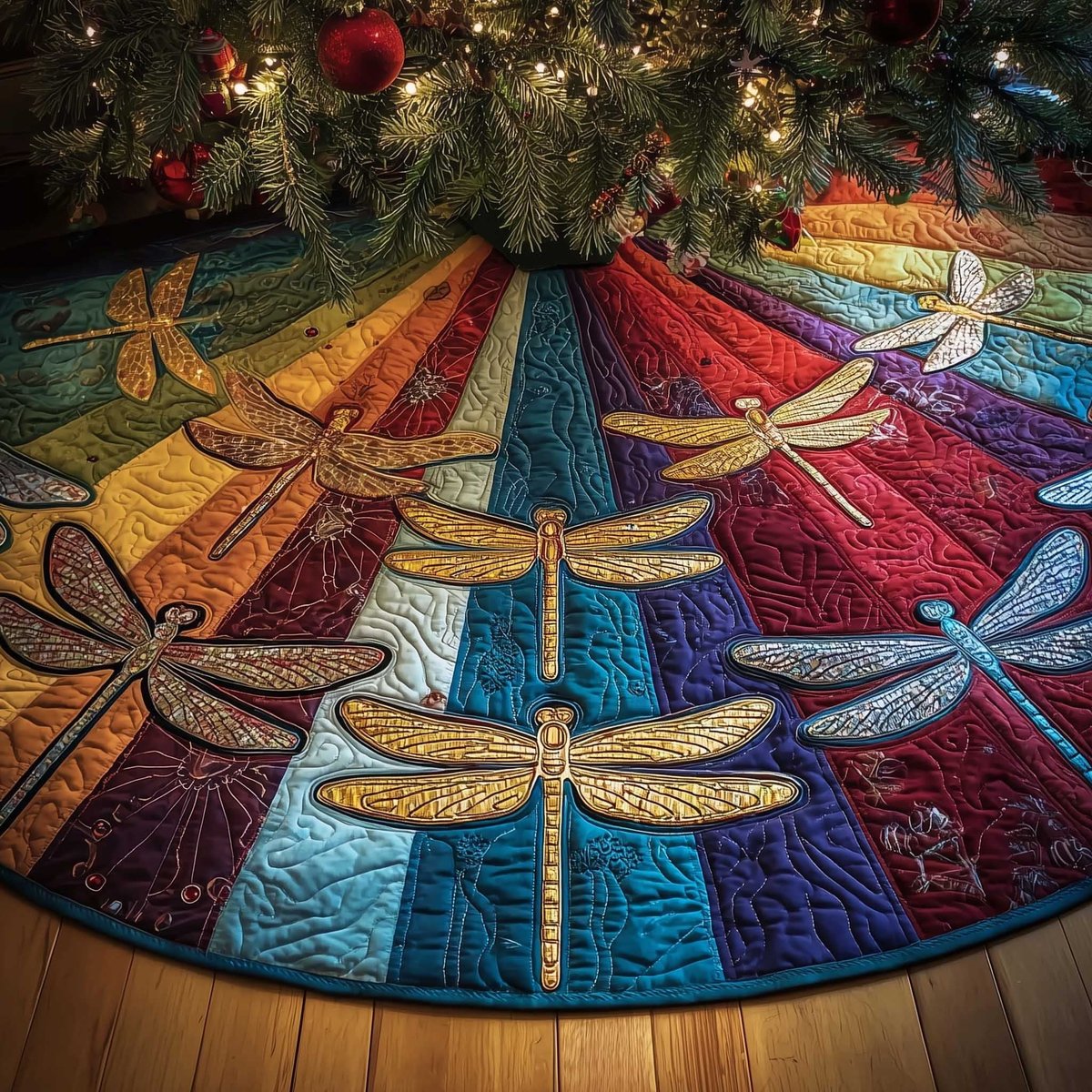 Dragonflies on Rainbow Wedges Christmas Tree Skirt - Made to Order TREEK101