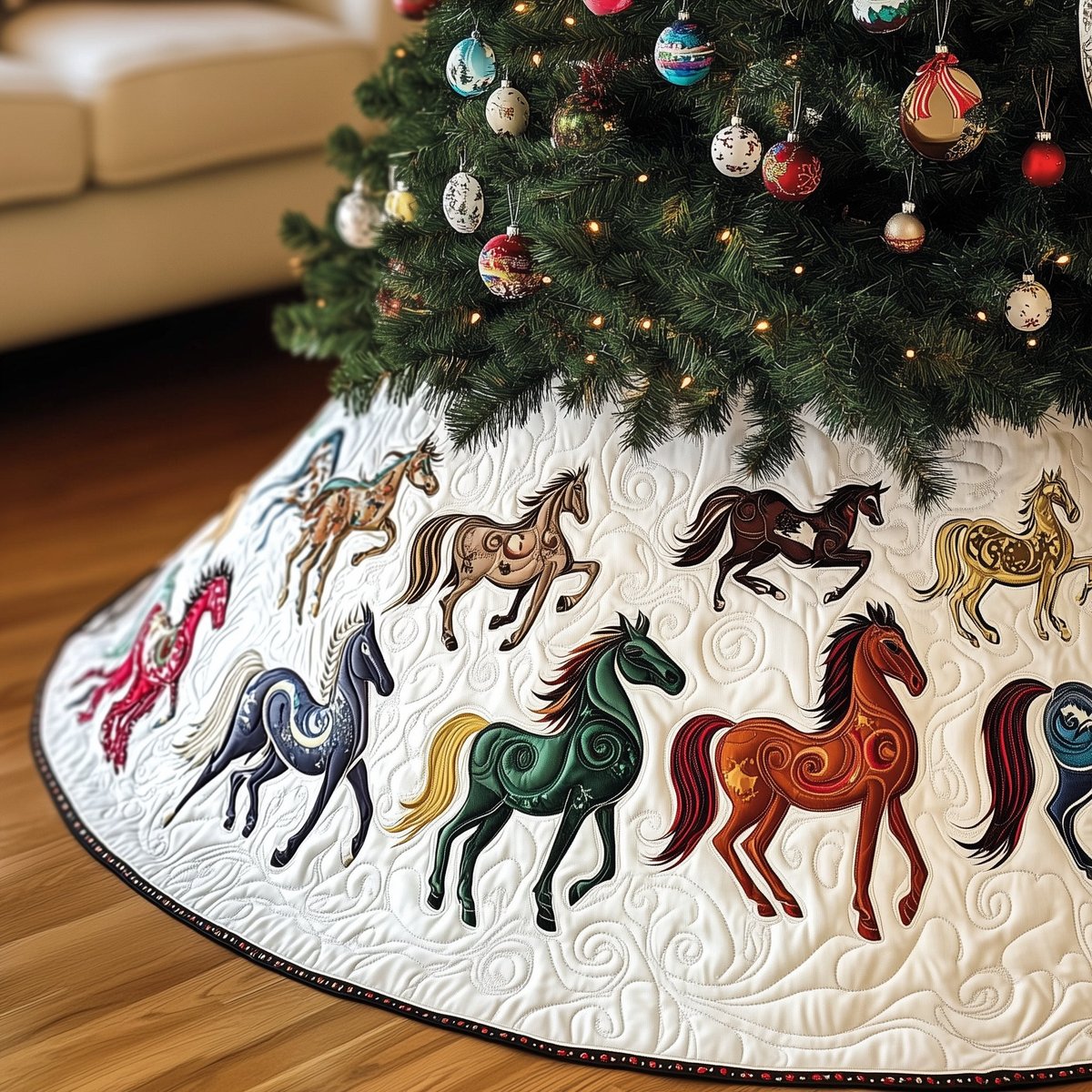 Galloping Horses in Green and Red Christmas Tree Skirt - Made to Order TREEK101