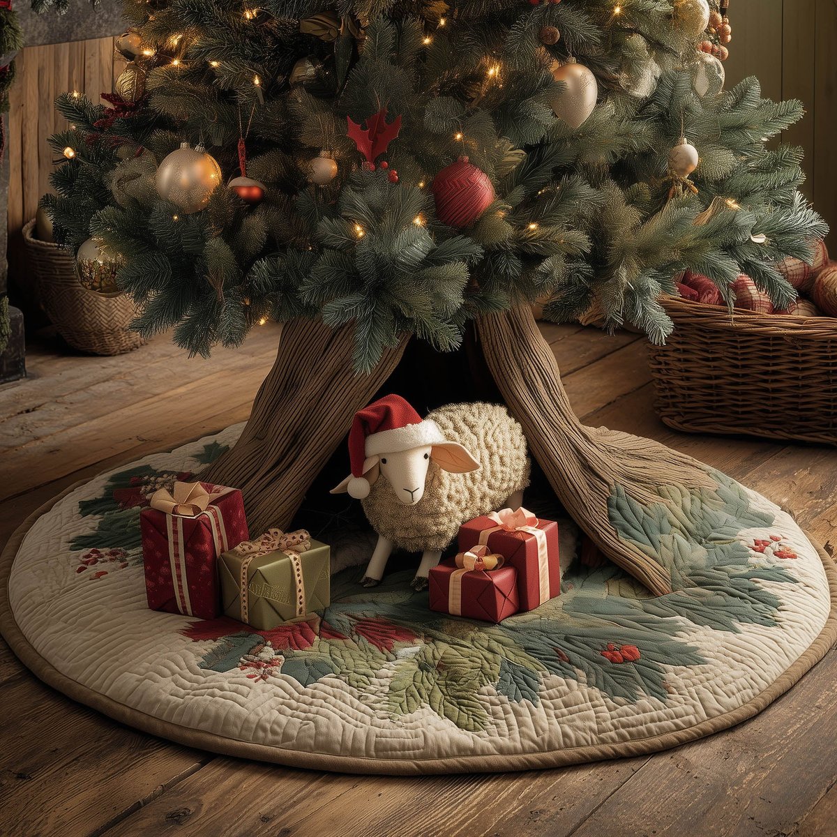 Lamb with Gifts in the Log Christmas Tree Skirt - Made to Order TREEK101