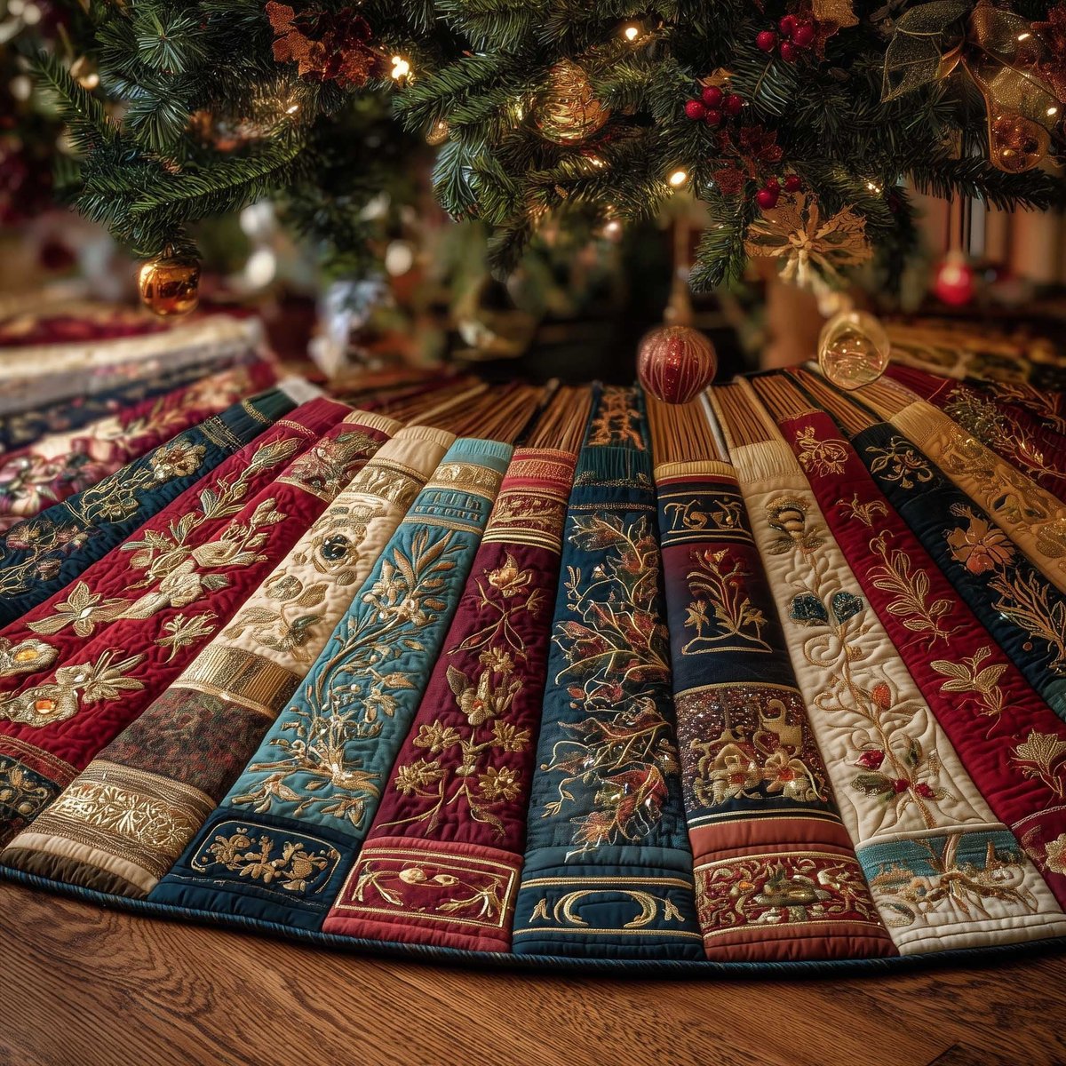 Teal and Red Damask Stripes Christmas Tree Skirt - Made to Order TREEK101