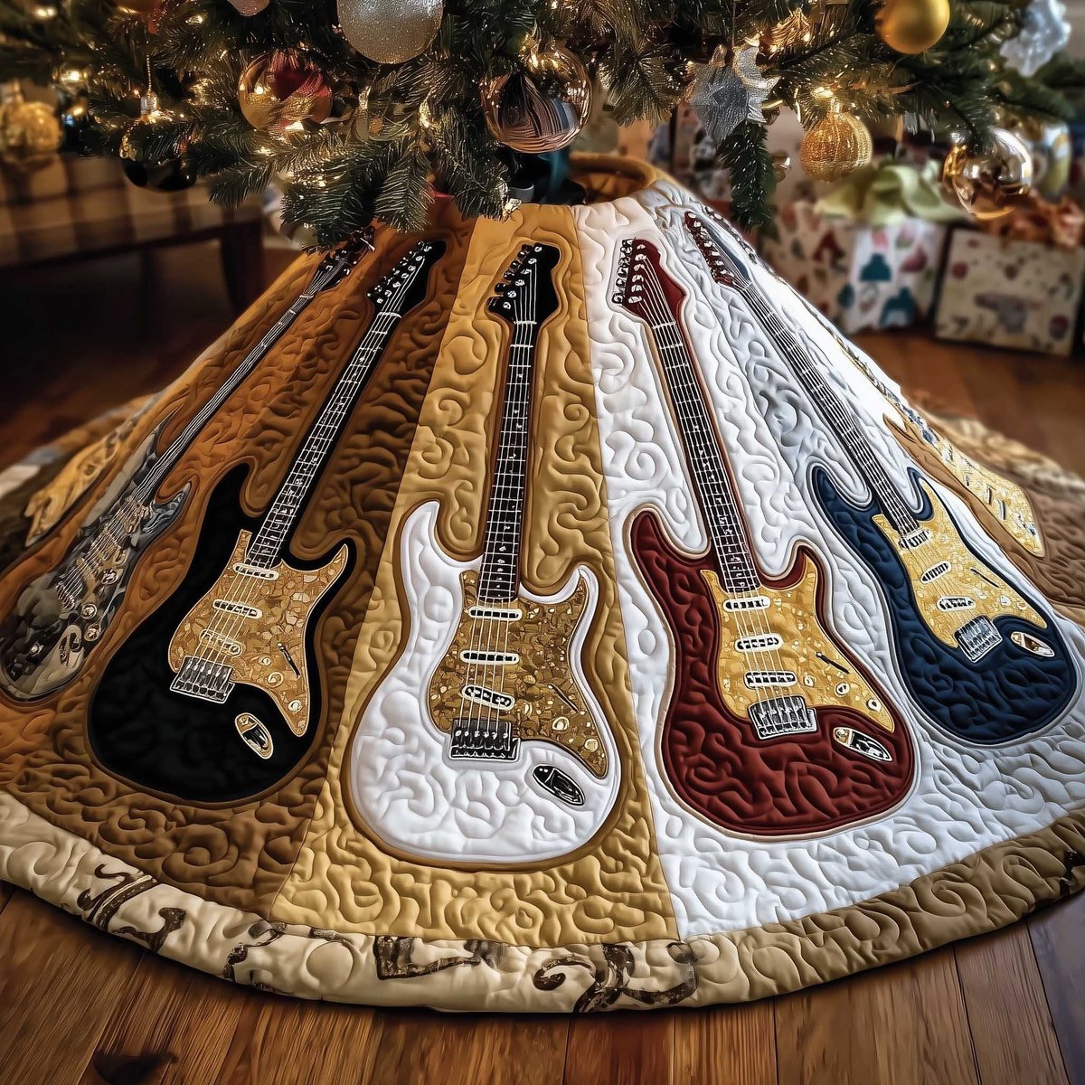 Vintage Guitars on Cream Quilting Christmas Tree Skirt - Made to Order TREEK101