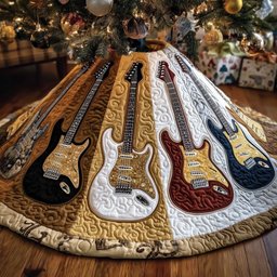 Vintage Guitars on Cream Quilting Christmas Tree Skirt - Made to Order TREEK101